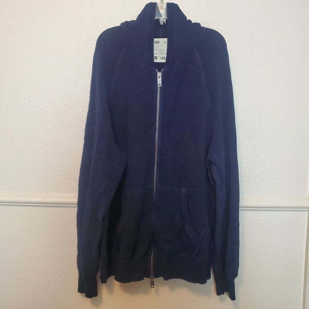 Vintage Gap Full Zip Knit Jacket Hooded Pockets Made In HongKong Blue Mens Sz XL